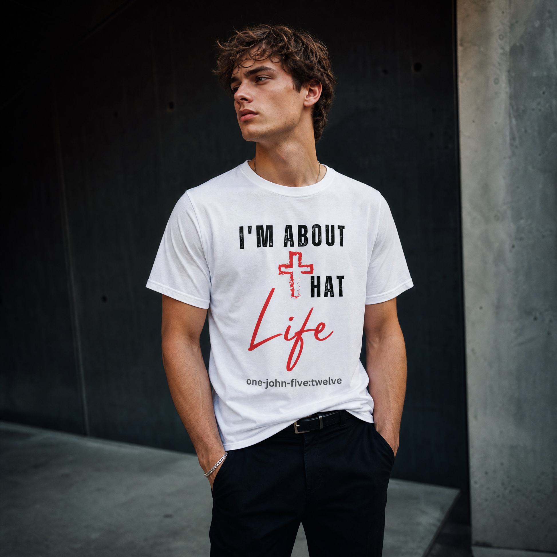 Person wearing a white 'I'm About That Life' t-shirt.