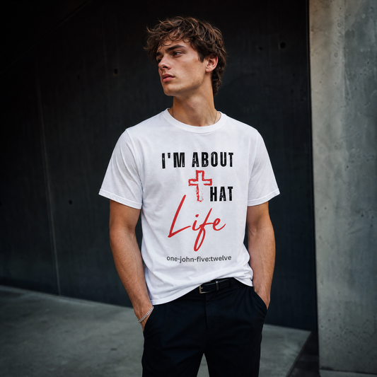 Person wearing a white 'I'm About That Life' t-shirt.