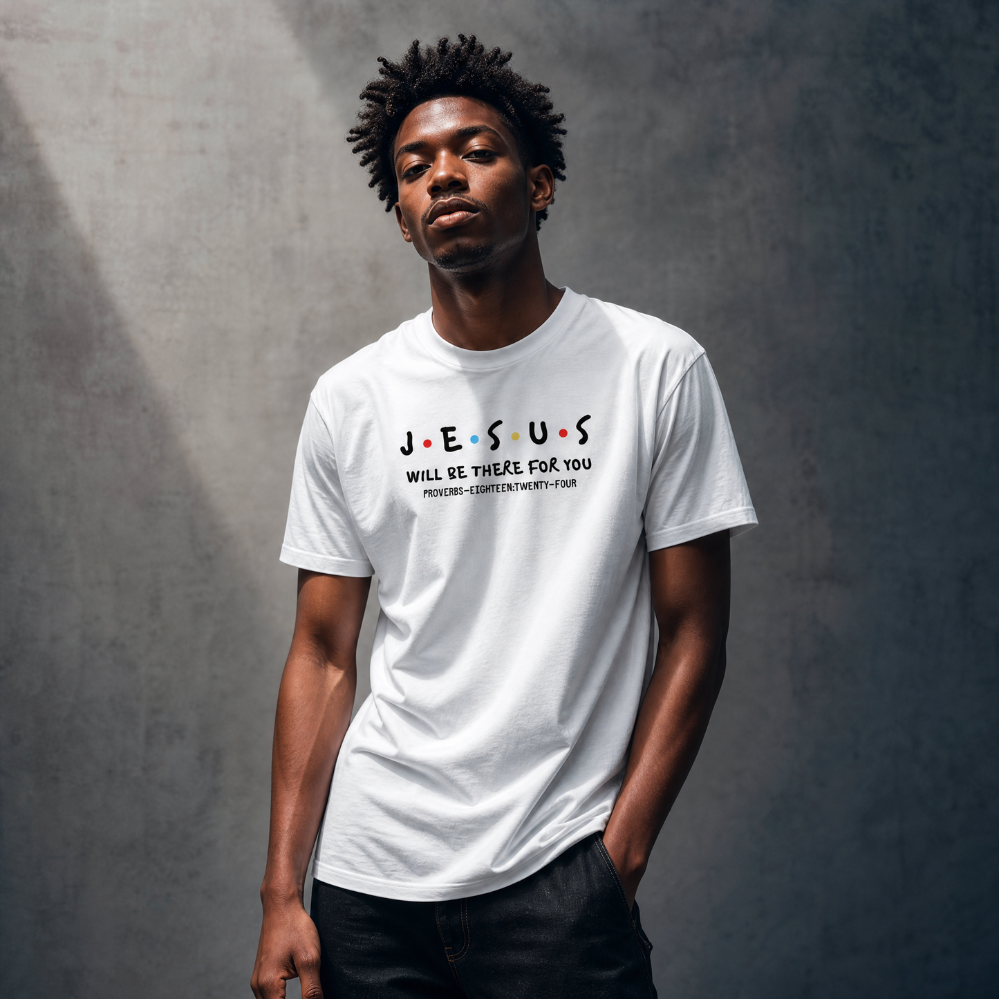 Person wearing a white t-shirt with text 'Jesus Will Be There For You' against a gray background