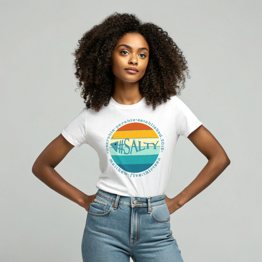 female model distressed #Salty white t-shirt