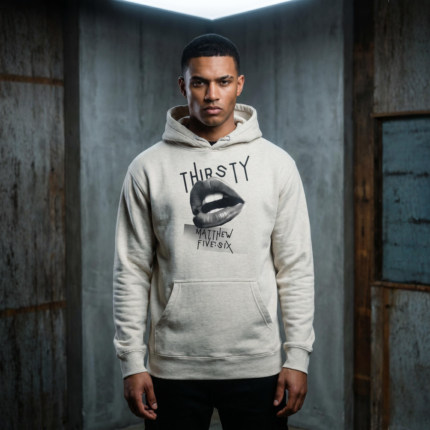Person wearing a hoodie with text Thirsty and of open mouth graphic design, in an industrial setting