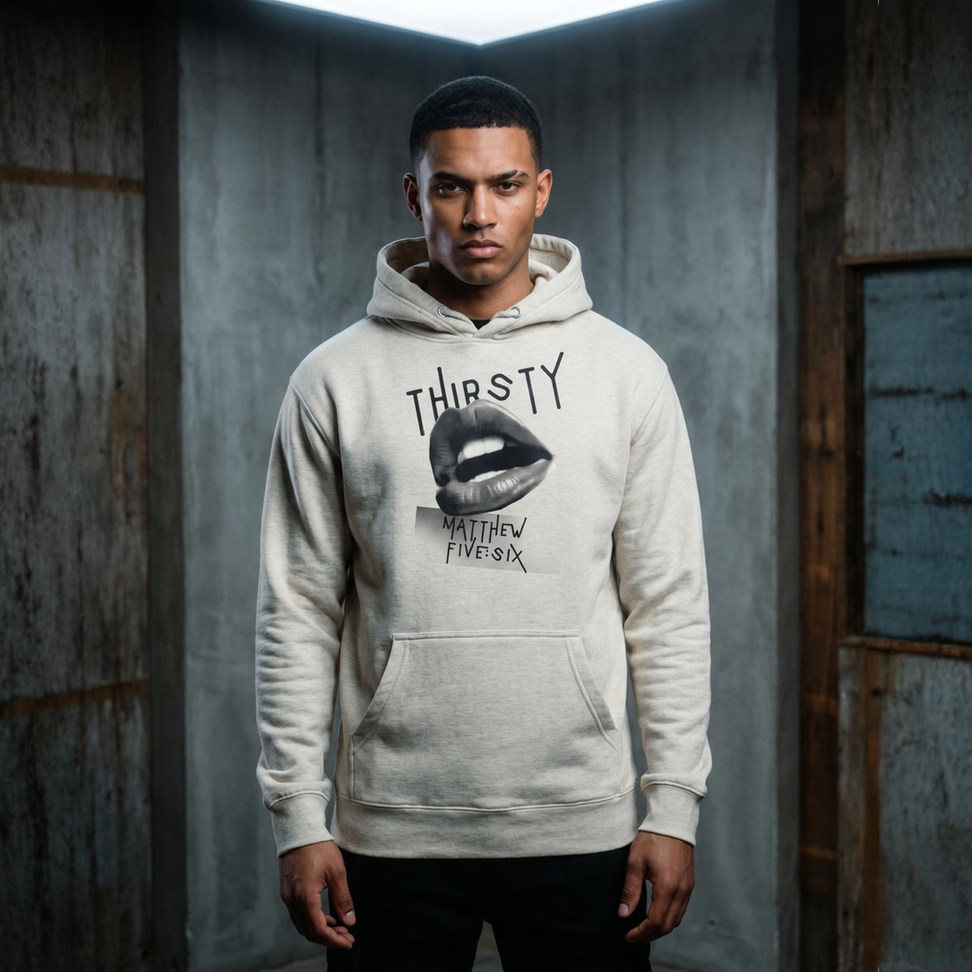 Person wearing a hoodie with text Thirsty and of open mouth graphic design, in an industrial setting