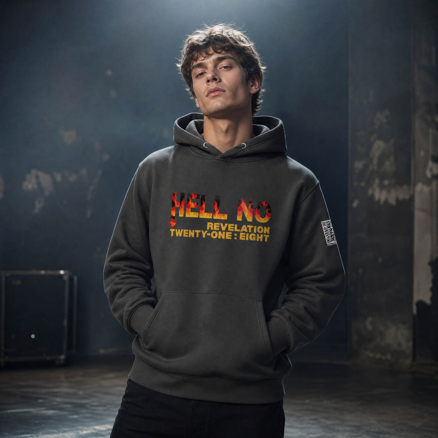 Person wearing a Hell No vintage black hooded sweatshirt