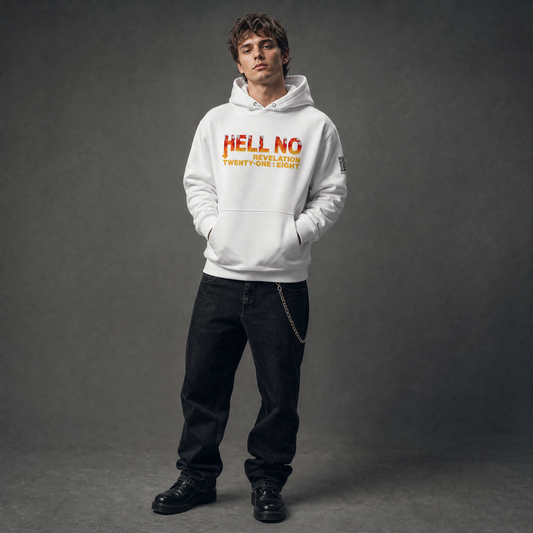 Person wearing a Hell No white sweatshirt hoodie