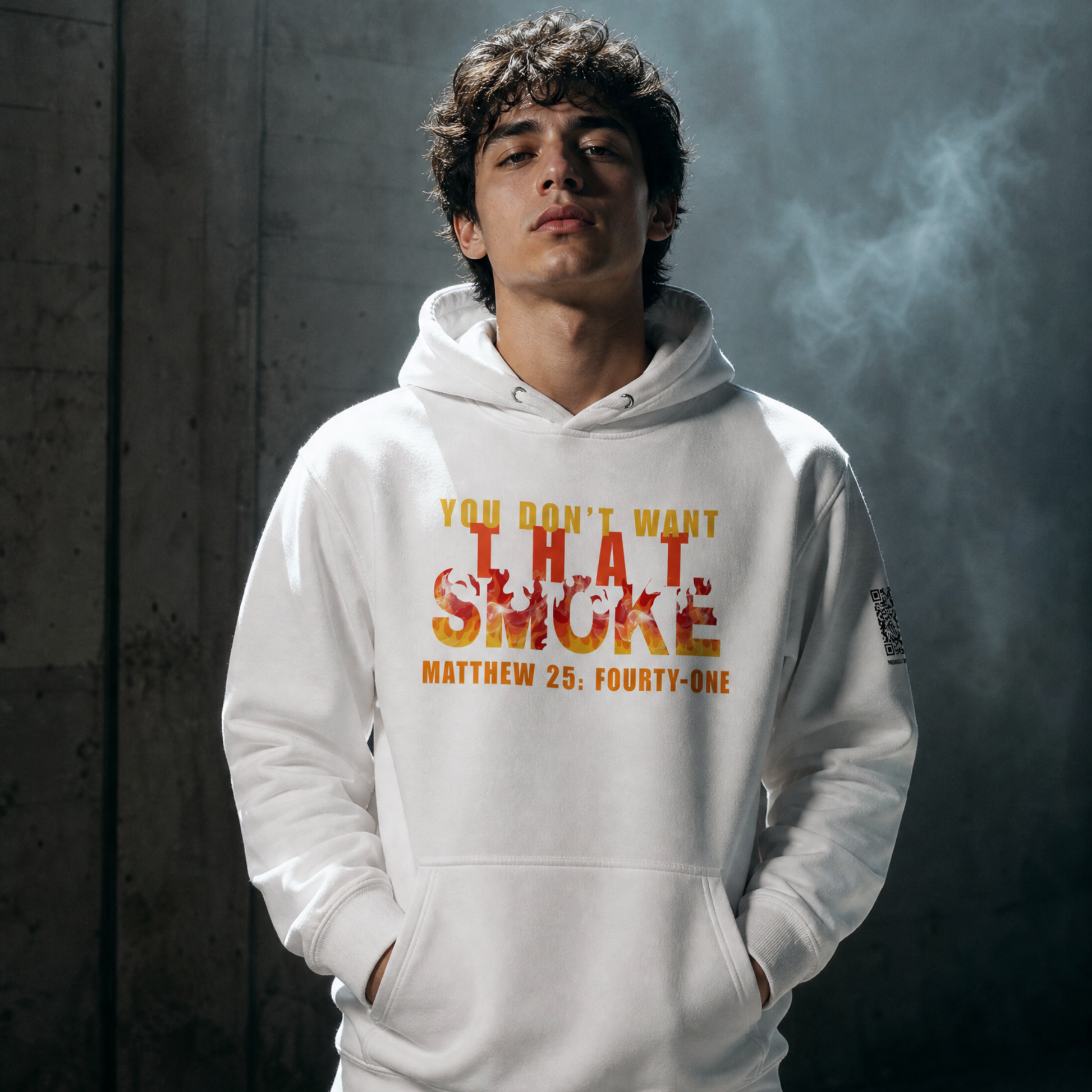 Person wearing a You Don't Want That Smoke white hooded sweatshirt 