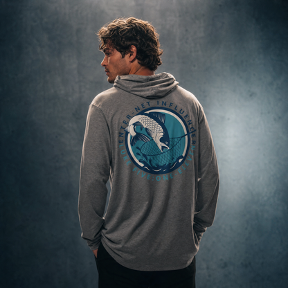 Person wearing an Enter-Net Influencer athletic gray hoodie t-shirt with a back design