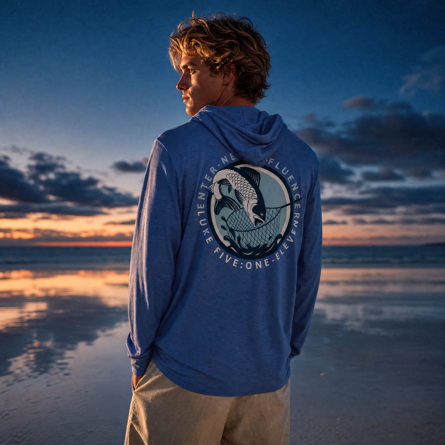 Person wearing an Enter-Net Influencer heather true royal t-shirt with a back design