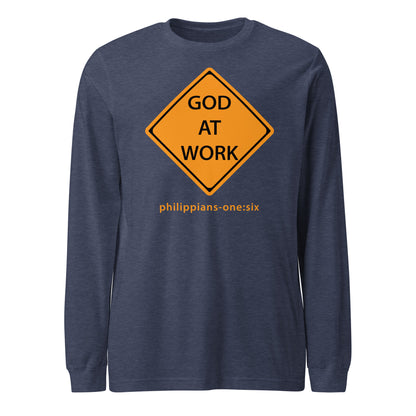 Caution…God At Work long-sleeve t-shirt heather navy