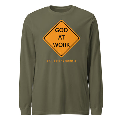 Caution…God At Work long-sleeve t-shirt military green
