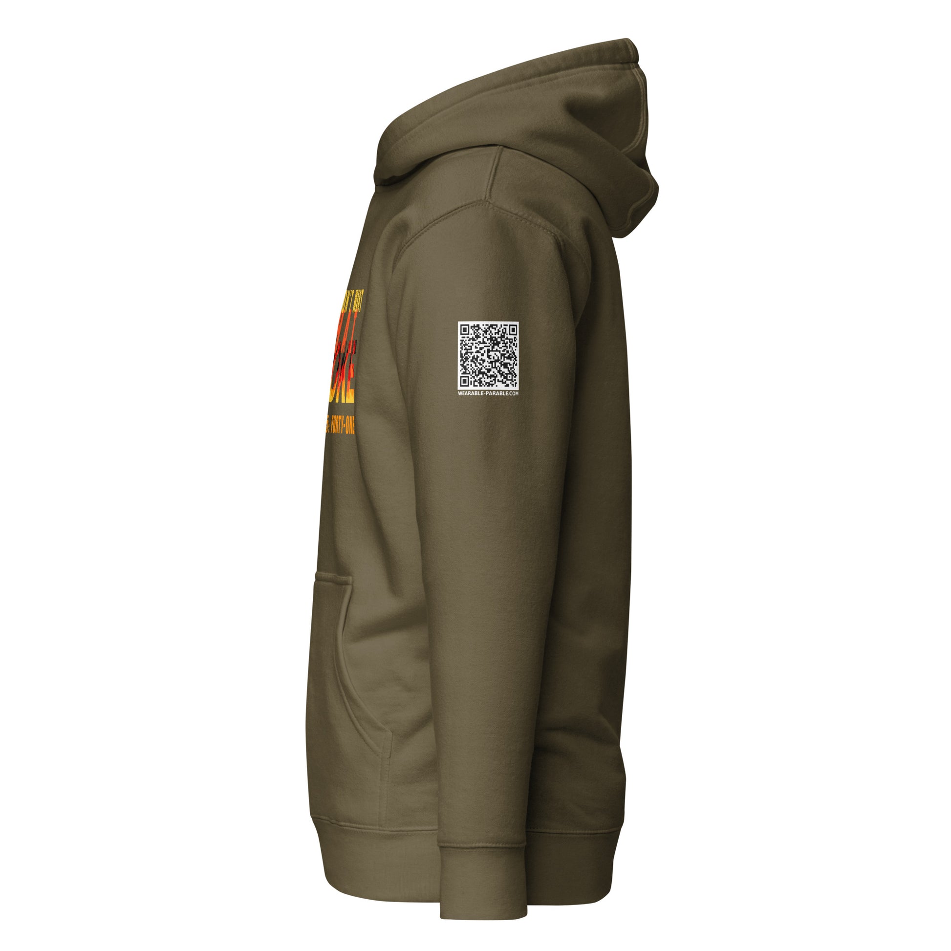 Military green sweatshirt hoodie with a QR code on the sleeve for 'You Don't Want That Smoke' 