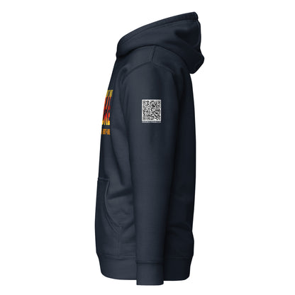 Navy blue sweatshirt hoodie with a QR code on the sleeve for 'You Don't Want That Smoke'  