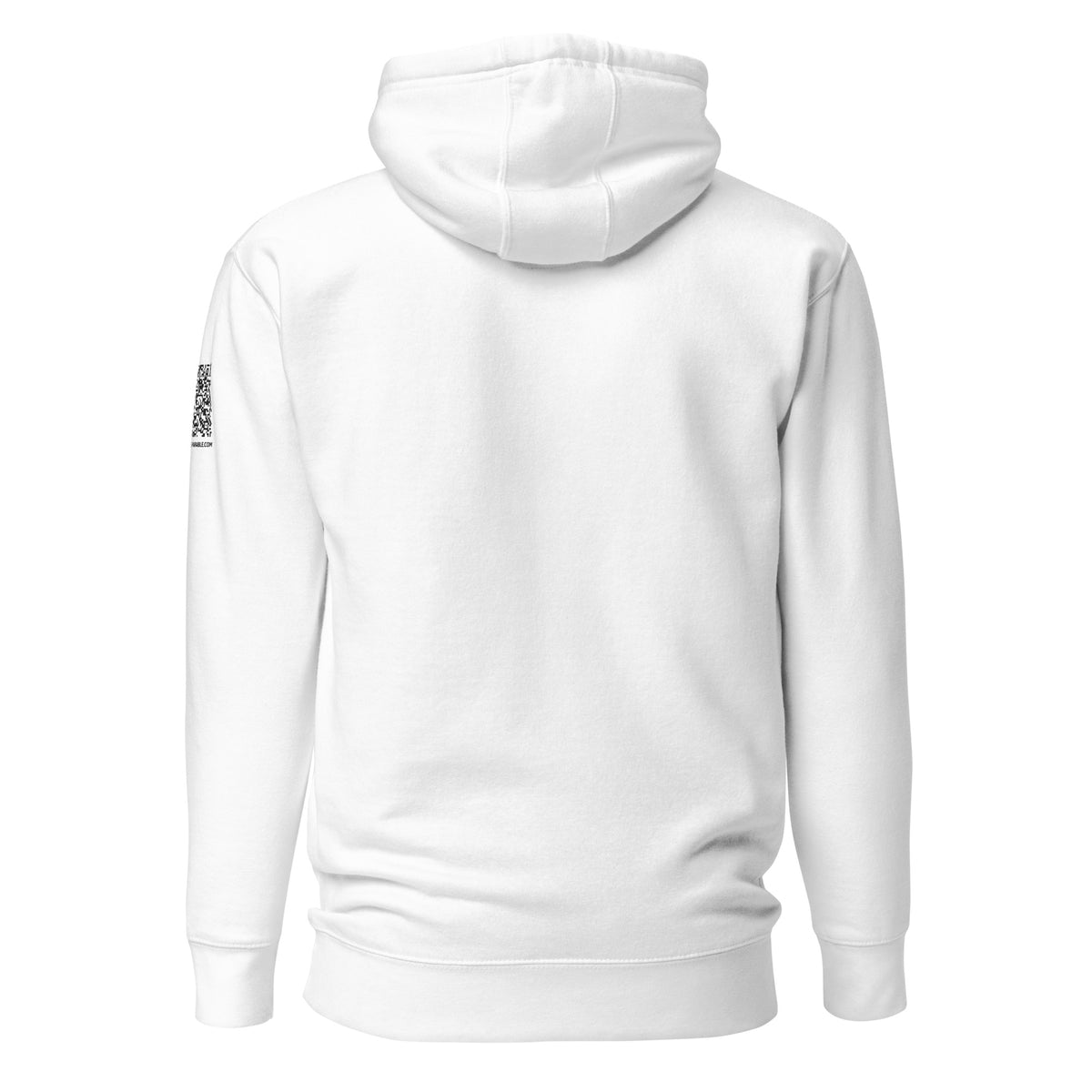 White sweatshirt hoodie back with a QR code on the sleeve for 'You Don't Want That Smoke' 