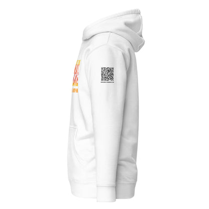 White sweatshirt hoodie with a QR code on the sleeve for 'You Don't Want That Smoke' 