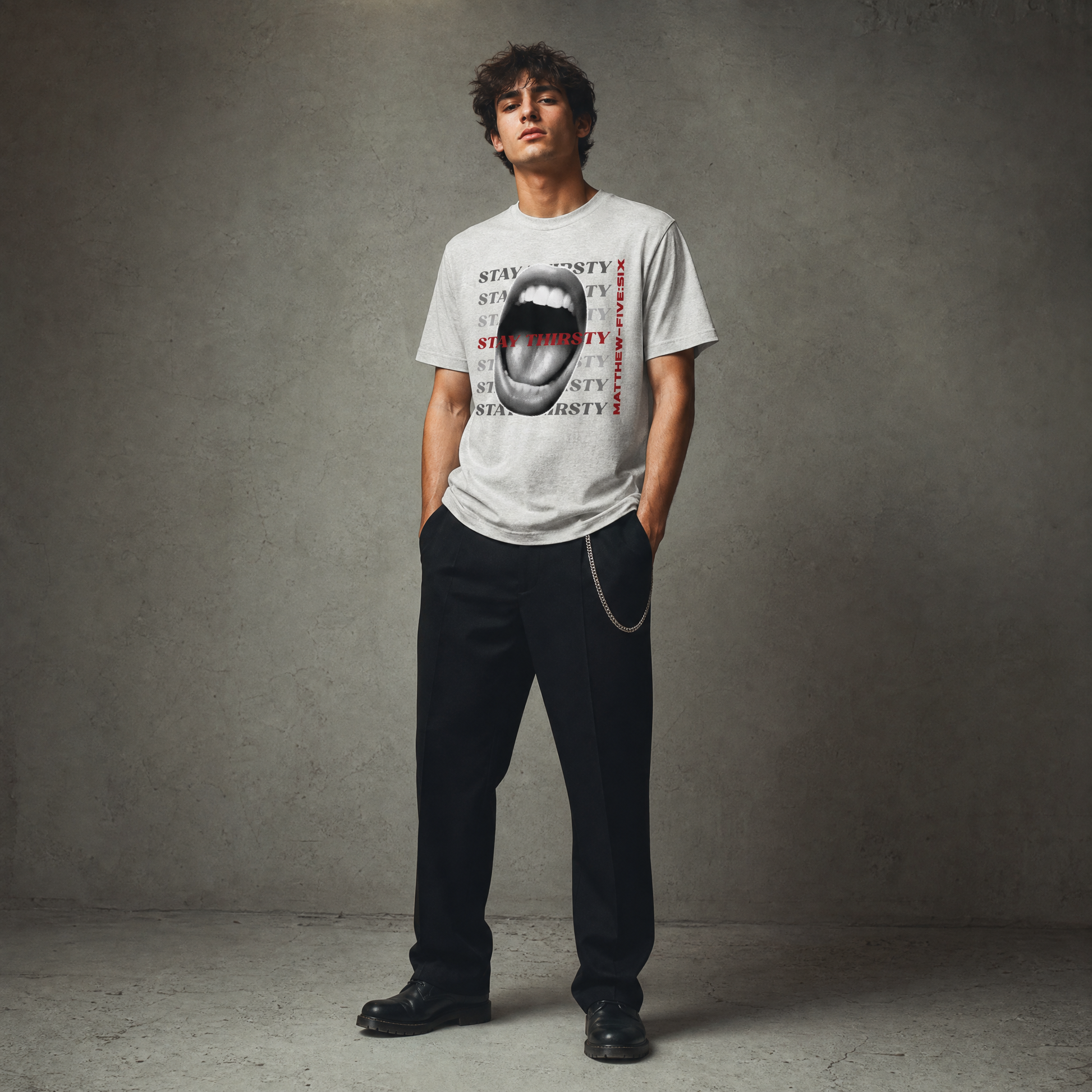 Person wearing an ash gray t-shirt with text Stay Thirsty with an wide open mouth graphic