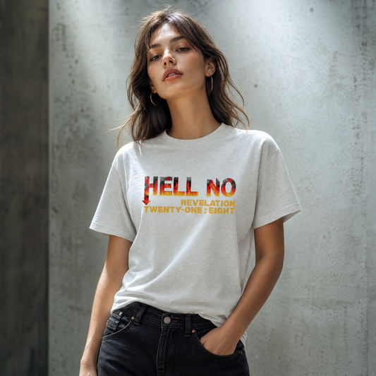 Person wearing an Ash Gray Hell No t-shirt against a gray concrete wall.