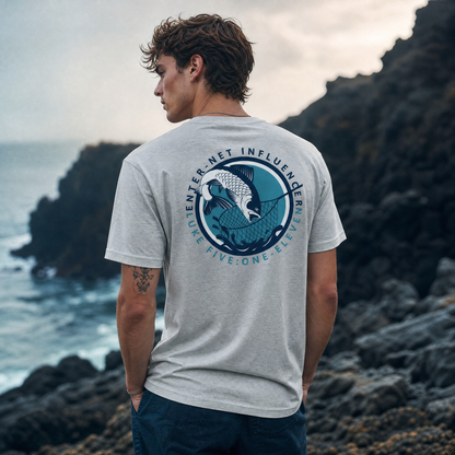 Person wearing an Enter-Net Influencer athletic heather gray t-shirt with a back design
