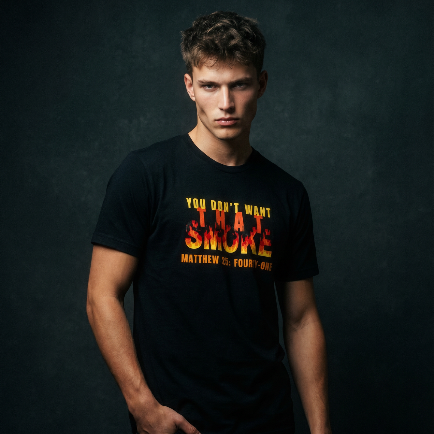 Person wearing a black t-shirt with text You Don't Want That Smoke
