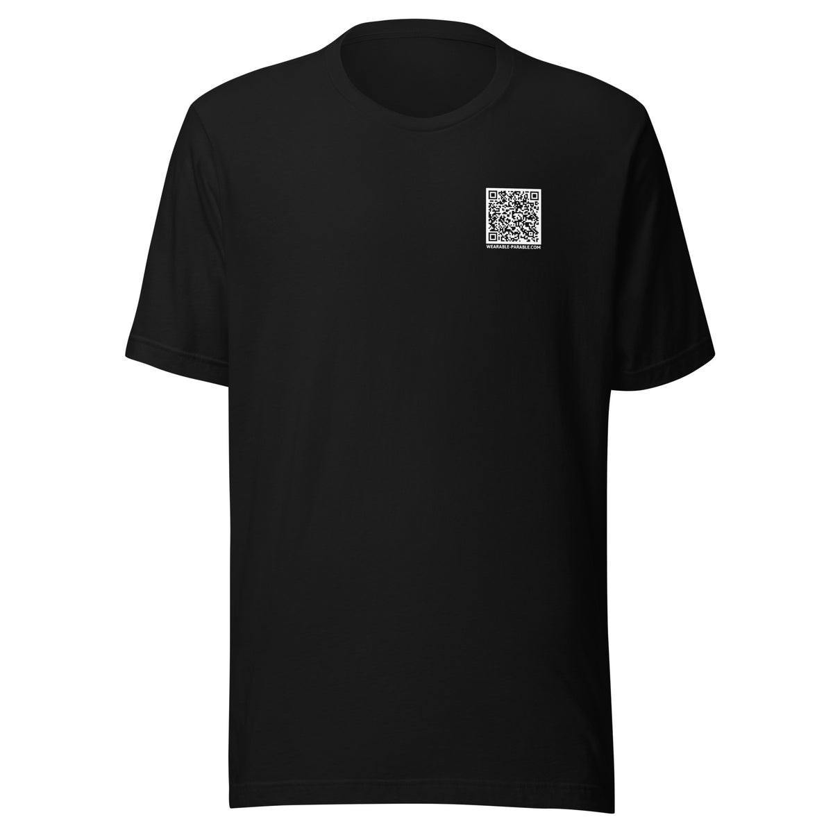 Black t-shirt front with a QR code for 'You Don't Want That Smoke' 
