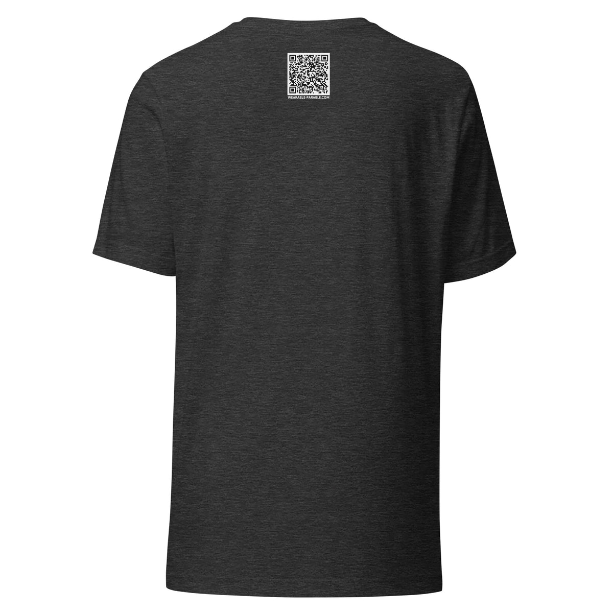 Heather gray t-shirt back with a QR code for 'You Don't Want That Smoke' 