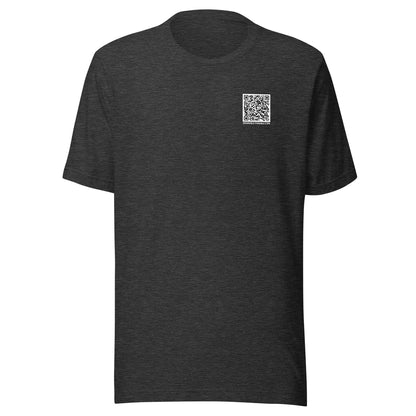 Gray heather t-shirt front with a QR code for 'You Don't Want That Smoke' 