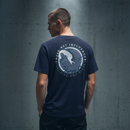 Person wearing an Enter-Net Influencer heather navy t-shirt with a back design