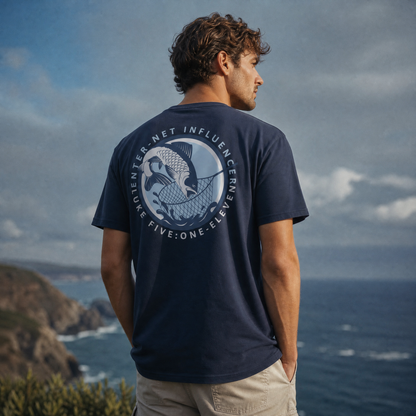 Person wearing an Enter-Net Influencer t-shirt heather navy back design