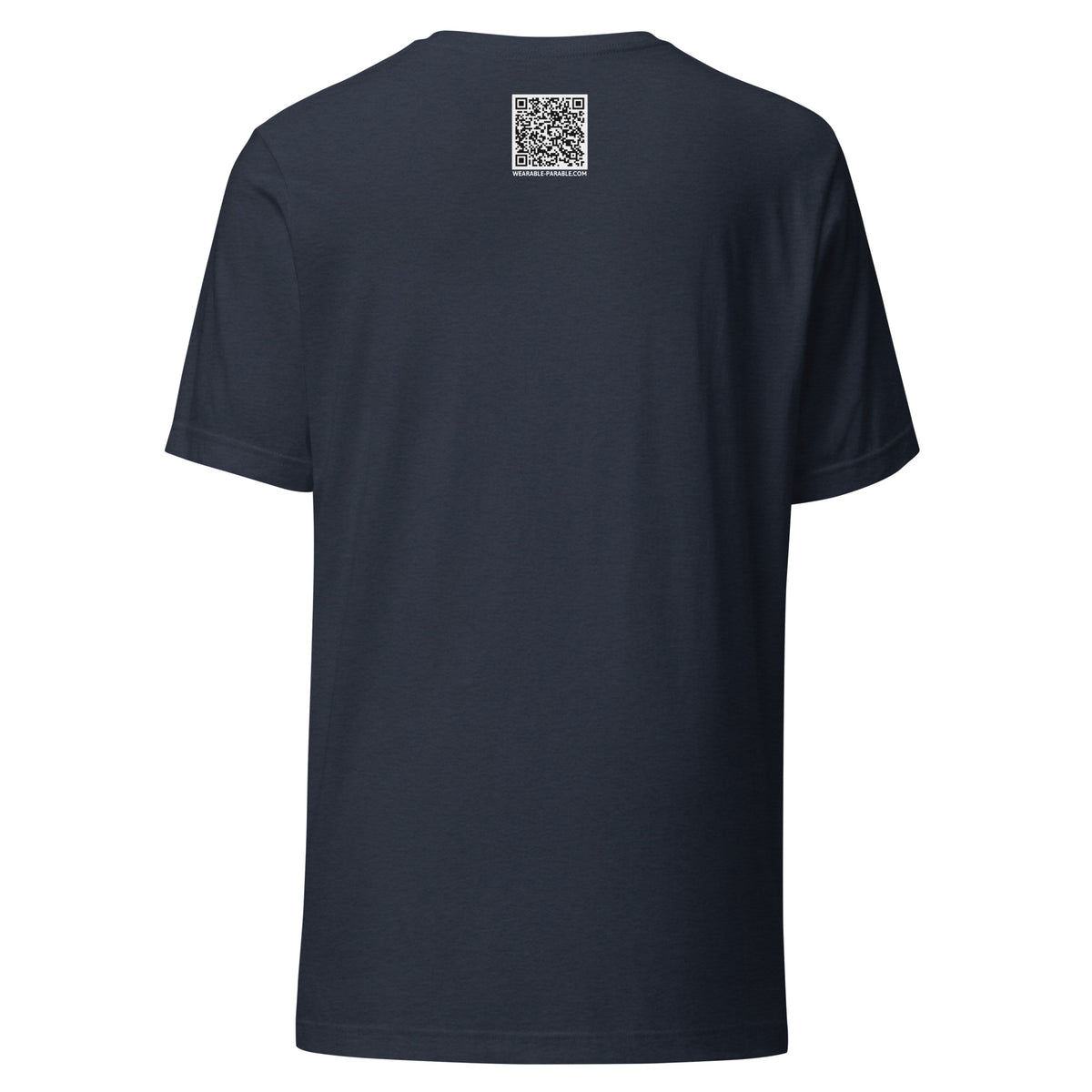 Heather navy t-shirt back with a QR code for 'You Don't Want That Smoke' 