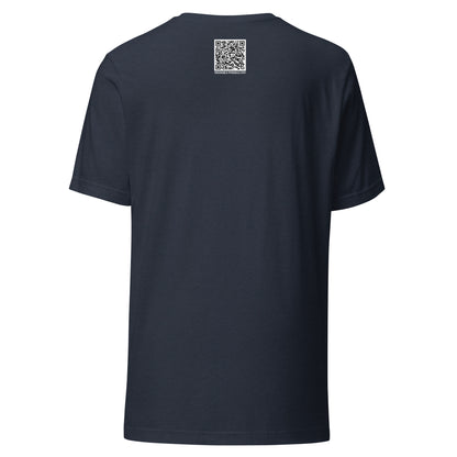 Heather navy t-shirt back with a QR code for 'You Don't Want That Smoke' 