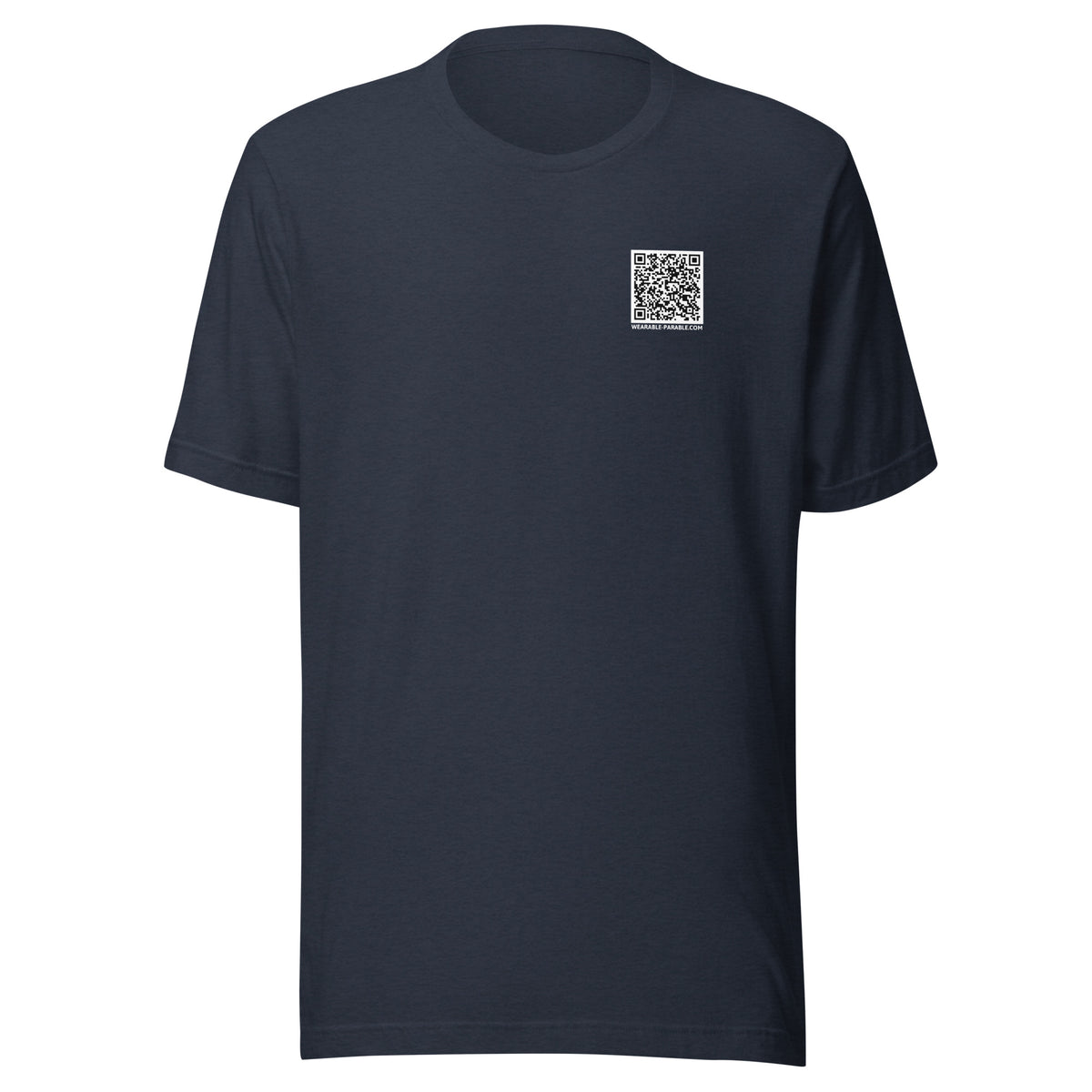 Heather navy t-shirt front with a QR code for 'You Don't Want That Smoke' 
