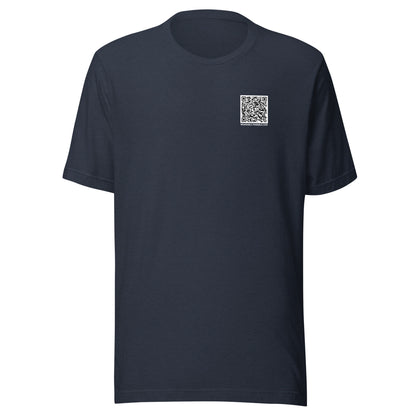 Heather navy t-shirt front with a QR code for 'You Don't Want That Smoke' 