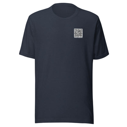 Heather navy t-shirt front with a QR code for 'You Don't Want That Smoke' 