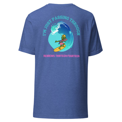 I'm Just Passing Through t-shirt back heather true royal blue