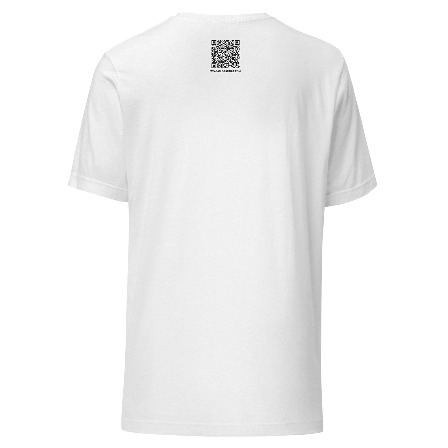 White t-shirt back with a QR code for 'You Don't Want That Smoke' 