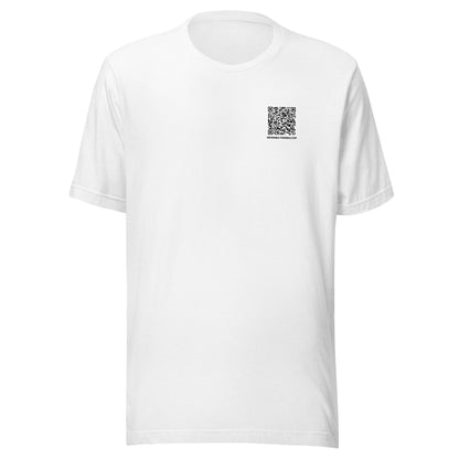White t-shirt front with a QR code for 'You Don't Want That Smoke' 