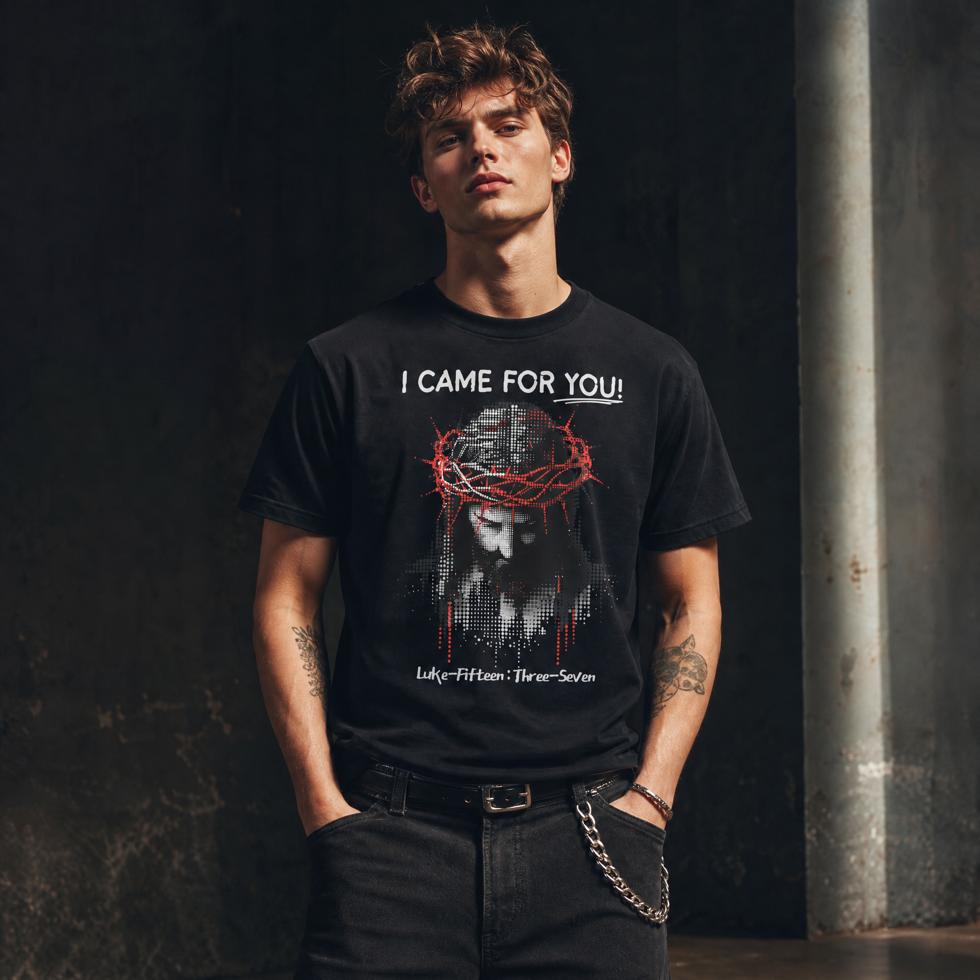 Person wearing an I Came For You vintage black t-shirt with a dot matrix picture of Jesus
