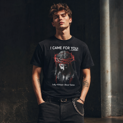 Person wearing an I Came For You vintage black t-shirt with a dot matrix picture of Jesus