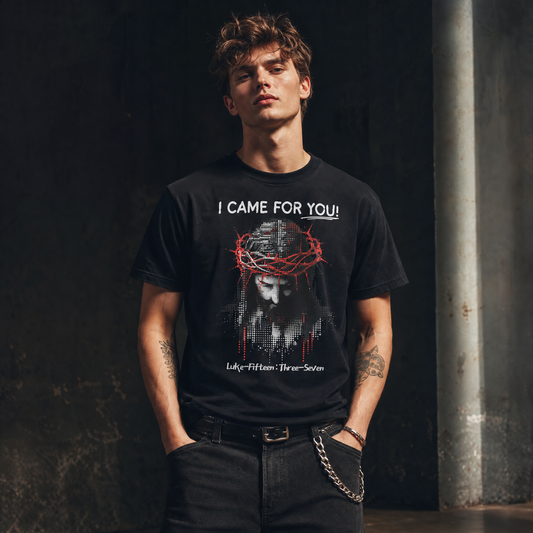 Person wearing an I Came For You vintage black t-shirt with a dot matrix picture of Jesus
