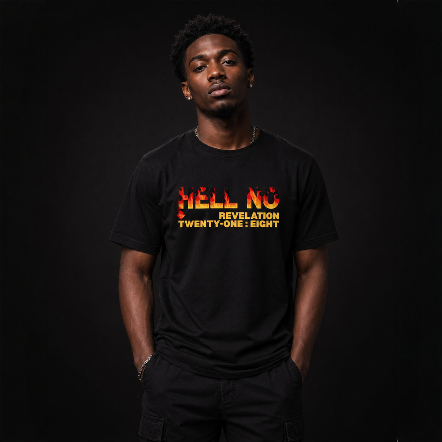 Person wearing a black t-shirt with text Hell No
