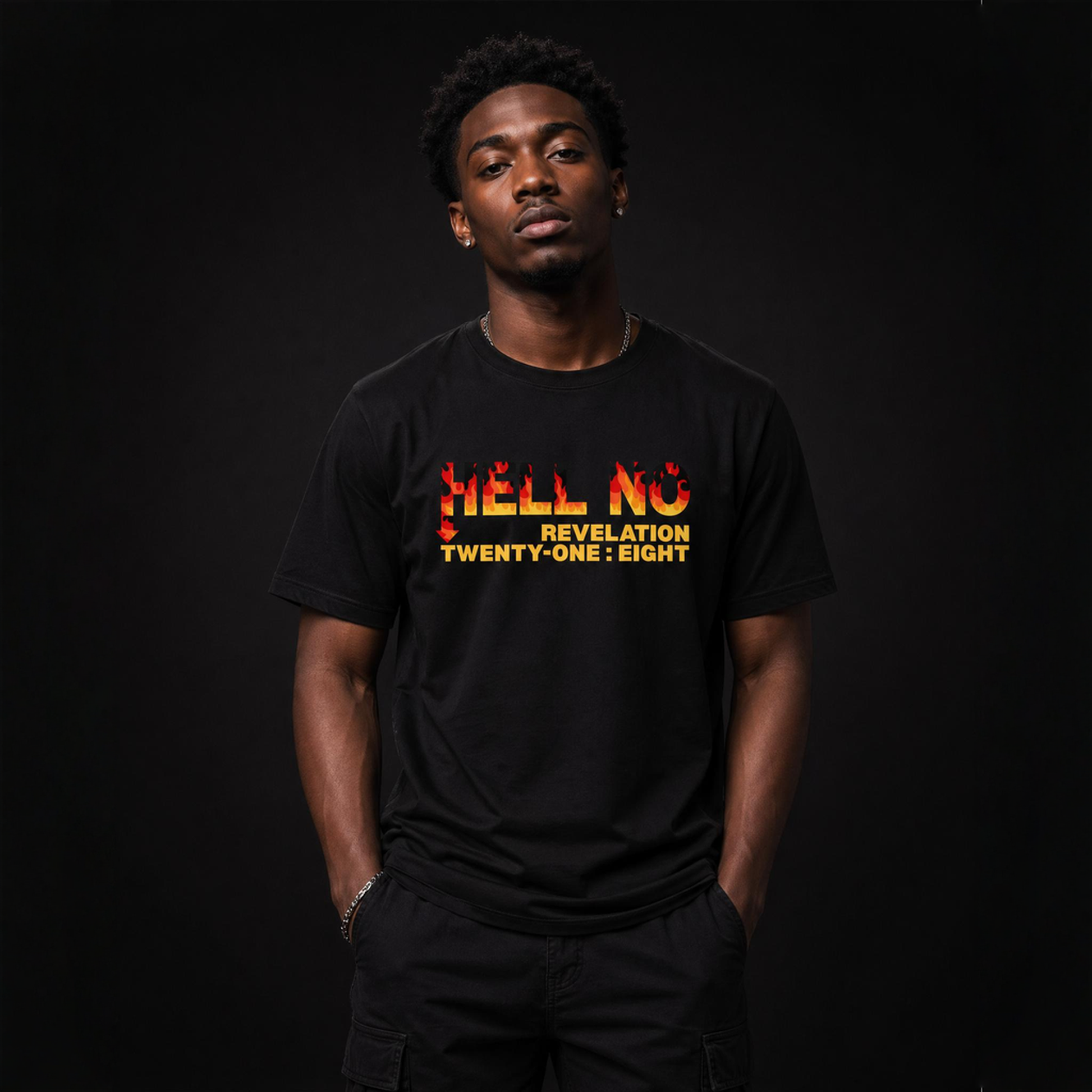 Person wearing a black t-shirt with text Hell No