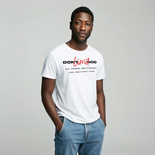 Male model Don't Limit God white t-shirt