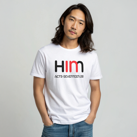 Man wearing a white t-shirt with 'IN HIM' text design on a plain background